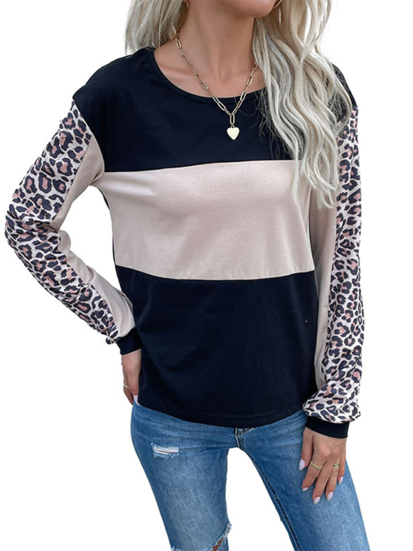 New Fashion Loose Casual Top Leopard Stitching Long Sleeve T-Shirt-chiquechics