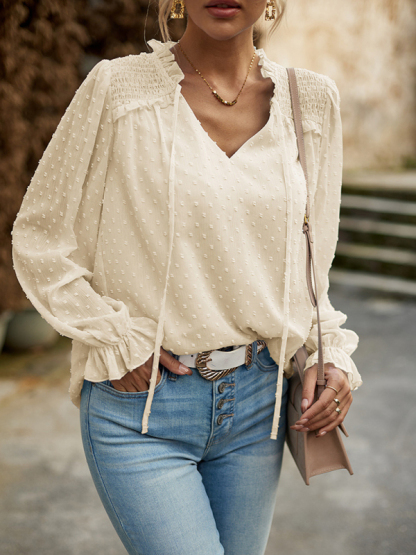Temperament and elegant v-neck knotted long-sleeved top blouse-chiquechics
