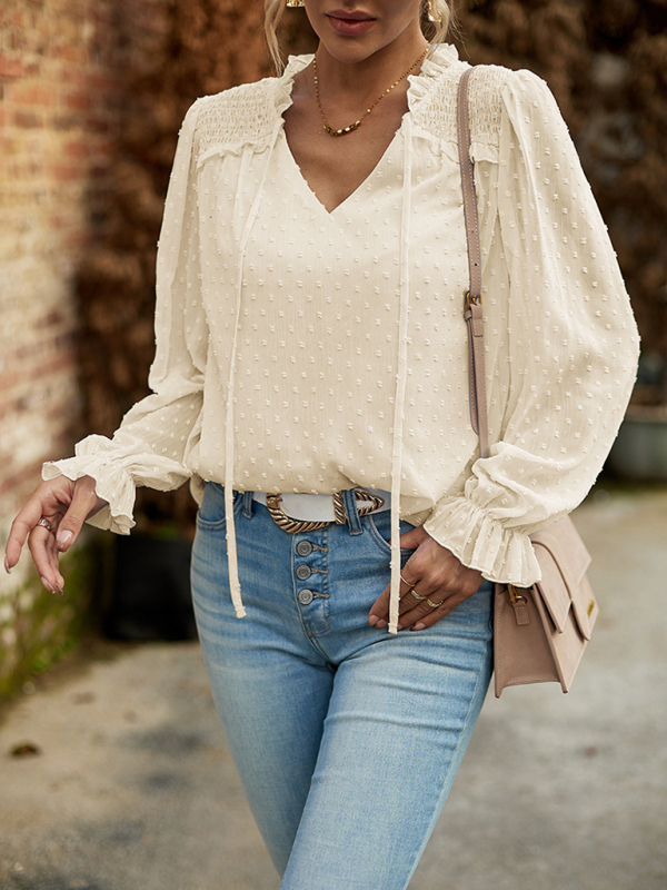 Temperament and elegant v-neck knotted long-sleeved top blouse-chiquechics