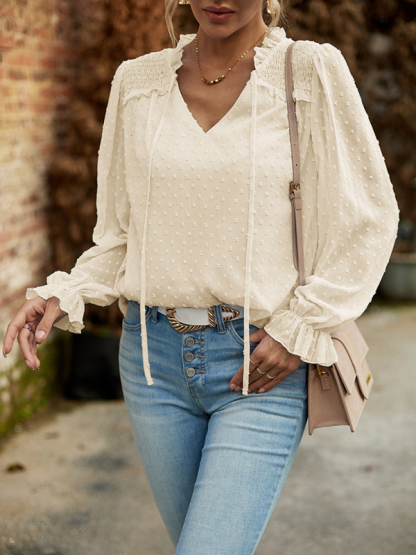 Temperament and elegant v-neck knotted long-sleeved top blouse-chiquechics