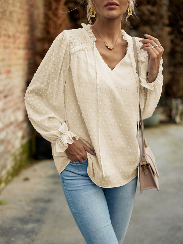 Temperament and elegant v-neck knotted long-sleeved top blouse-chiquechics