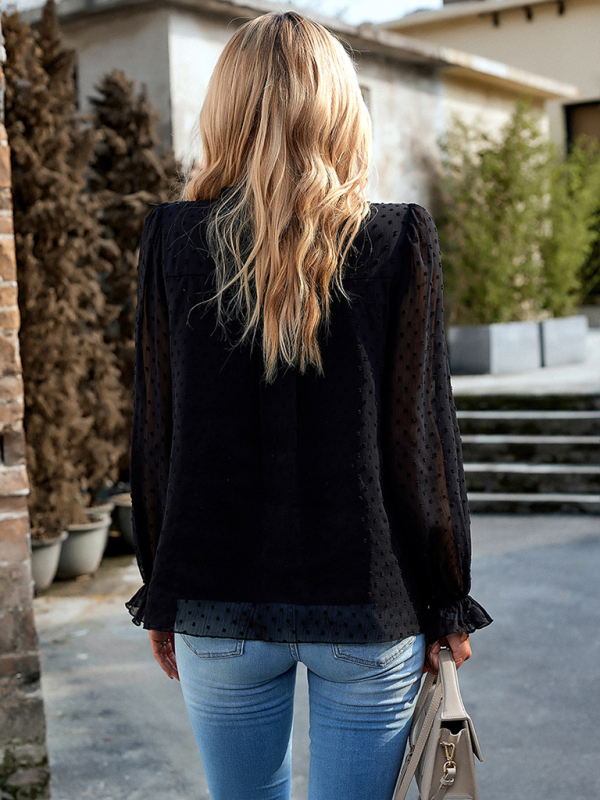 Temperament and elegant v-neck knotted long-sleeved top blouse-chiquechics