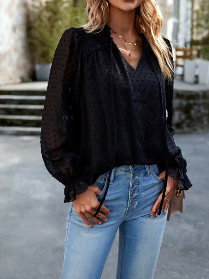Temperament and elegant v-neck knotted long-sleeved top blouse-chiquechics