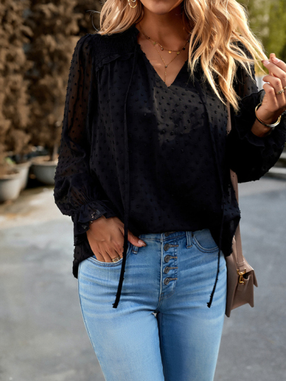 Temperament and elegant v-neck knotted long-sleeved top blouse-chiquechics
