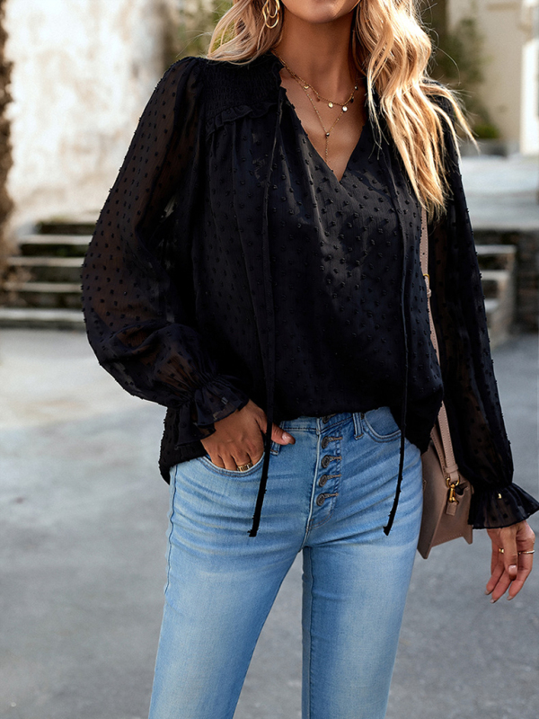 Temperament and elegant v-neck knotted long-sleeved top blouse-chiquechics
