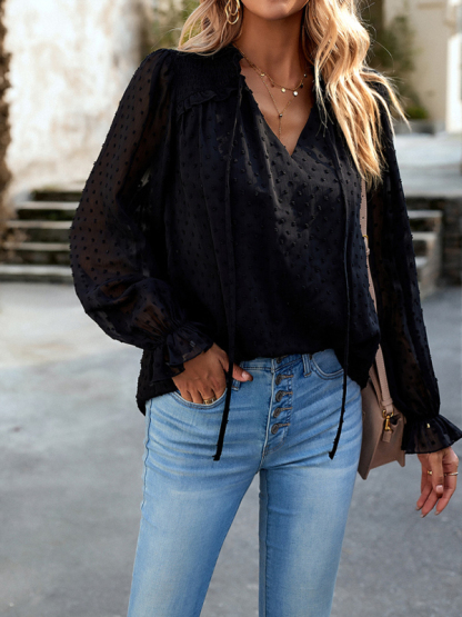 Temperament and elegant v-neck knotted long-sleeved top blouse-chiquechics