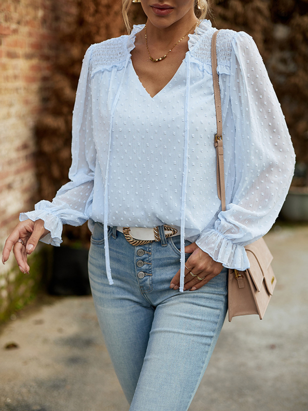 Temperament and elegant v-neck knotted long-sleeved top blouse-chiquechics