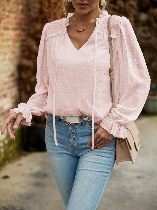 Temperament and elegant v-neck knotted long-sleeved top blouse-chiquechics