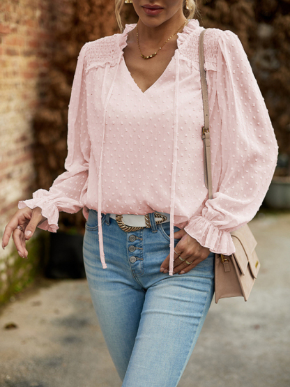 Temperament and elegant v-neck knotted long-sleeved top blouse-chiquechics