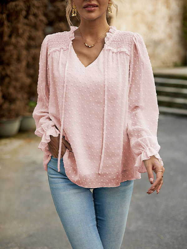 Temperament and elegant v-neck knotted long-sleeved top blouse-chiquechics