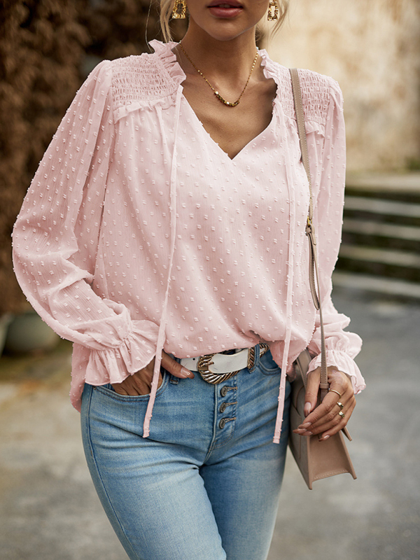 Temperament and elegant v-neck knotted long-sleeved top blouse-chiquechics