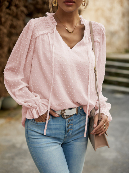 Temperament and elegant v-neck knotted long-sleeved top blouse-chiquechics