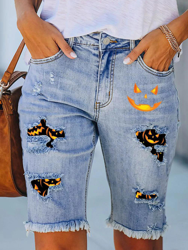 New denim casual five-point pants Halloween printed pants raw edge jeans-chiquechics