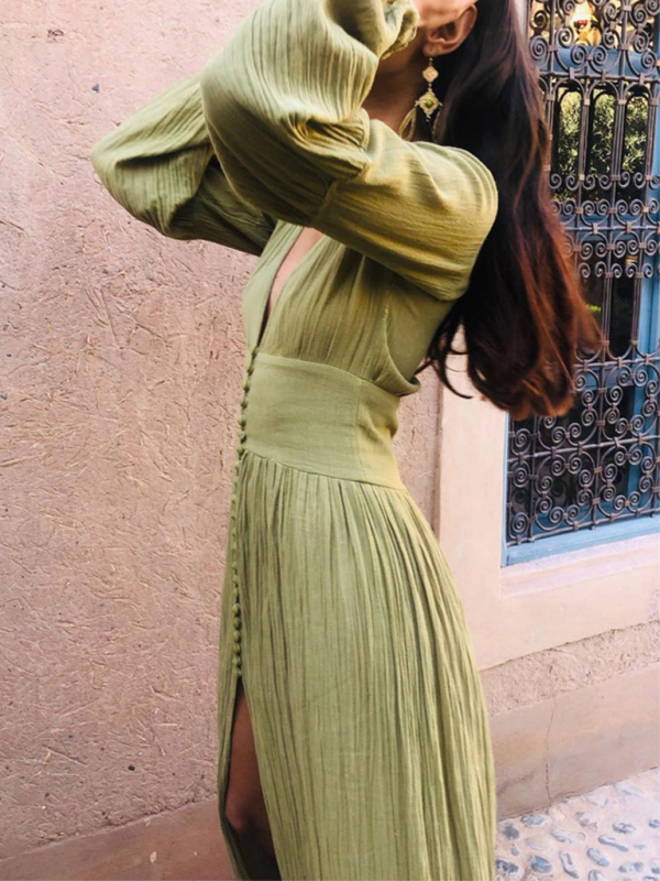 New French retro V-neck waist pleats loose slit temperament long-sleeved dress-chiquechics