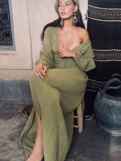 New French retro V-neck waist pleats loose slit temperament long-sleeved dress-chiquechics