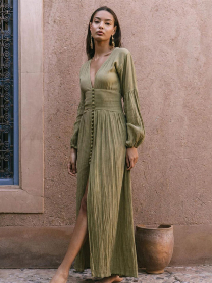New French retro V-neck waist pleats loose slit temperament long-sleeved dress-chiquechics