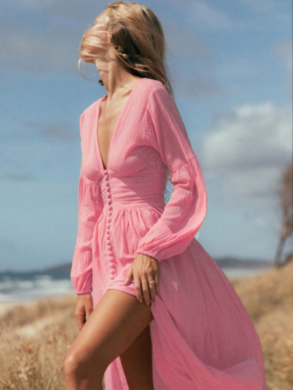 New French retro V-neck waist pleats loose slit temperament long-sleeved dress-chiquechics