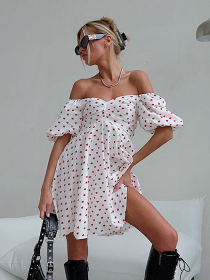 French sexy love print one-neck short-sleeved puff sleeve A-line skirt-chiquechics