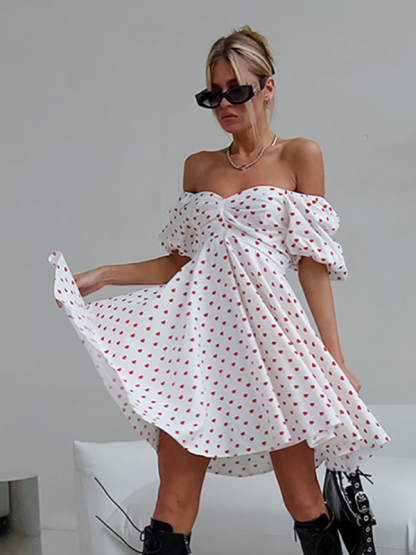 French sexy love print one-neck short-sleeved puff sleeve A-line skirt-chiquechics