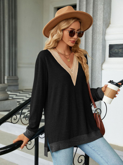 New style lace V-neck contrast color slit loose long-sleeved T-shirt top-chiquechics