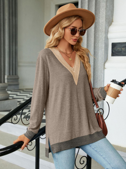 New style lace V-neck contrast color slit loose long-sleeved T-shirt top-chiquechics