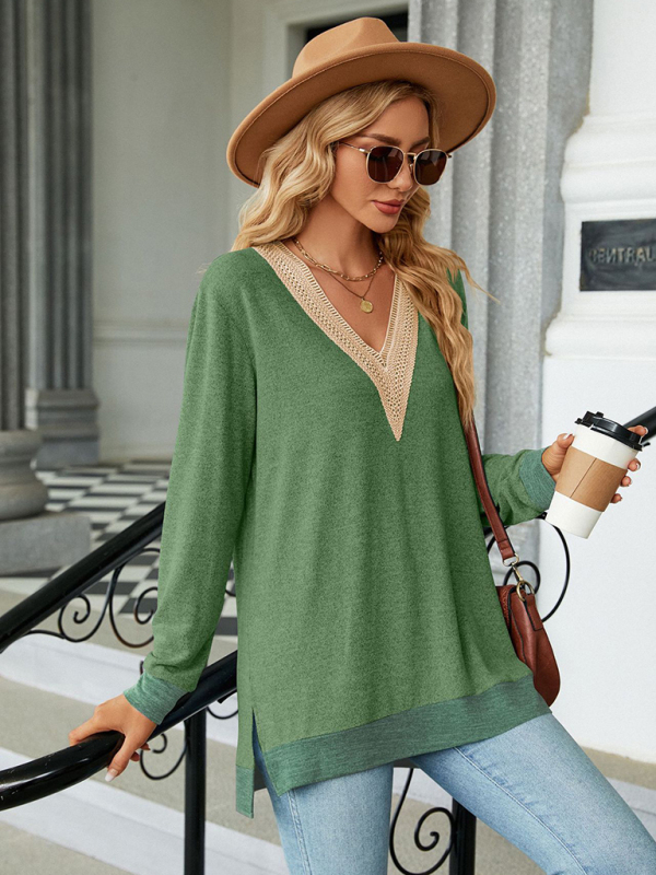 New style lace V-neck contrast color slit loose long-sleeved T-shirt top-chiquechics