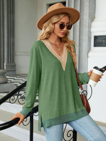New style lace V-neck contrast color slit loose long-sleeved T-shirt top-chiquechics