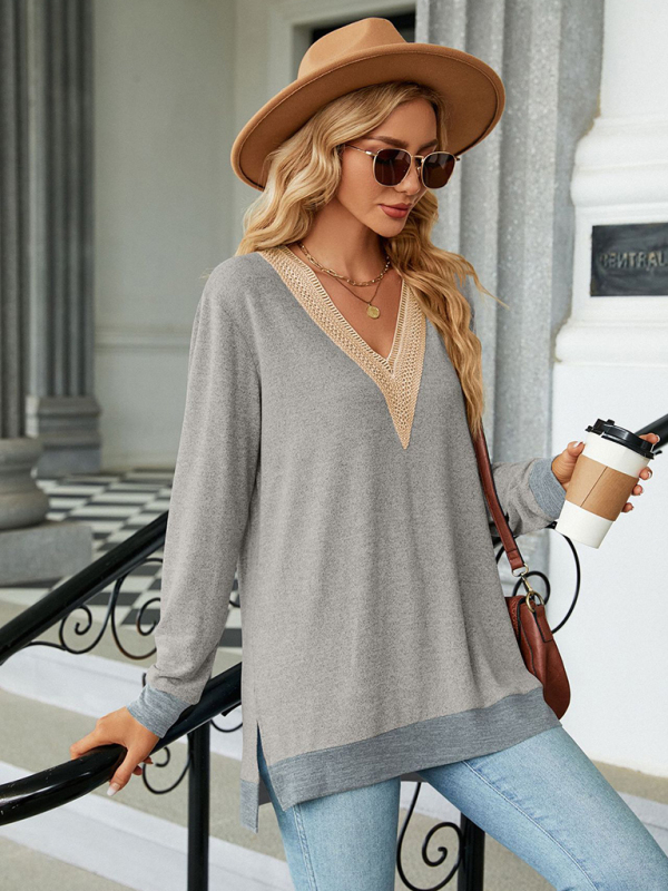 New style lace V-neck contrast color slit loose long-sleeved T-shirt top-chiquechics