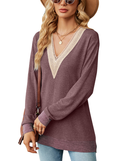 New style lace V-neck contrast color slit loose long-sleeved T-shirt top-chiquechics