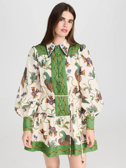 New long-sleeve printed lapel loose tie casual dress-chiquechics