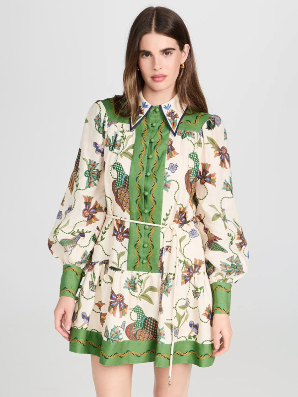 New long-sleeve printed lapel loose tie casual dress-chiquechics