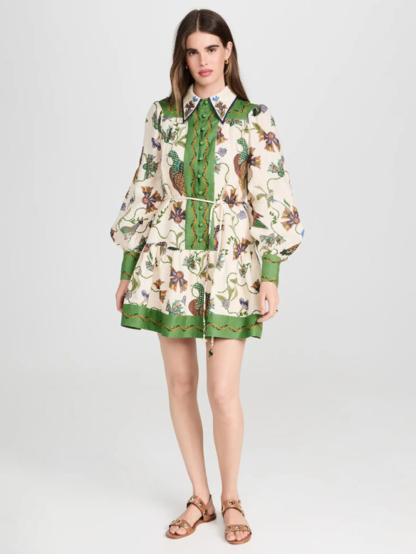 New long-sleeve printed lapel loose tie casual dress-chiquechics