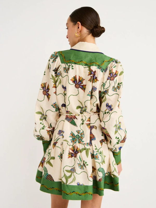 New long-sleeve printed lapel loose tie casual dress-chiquechics