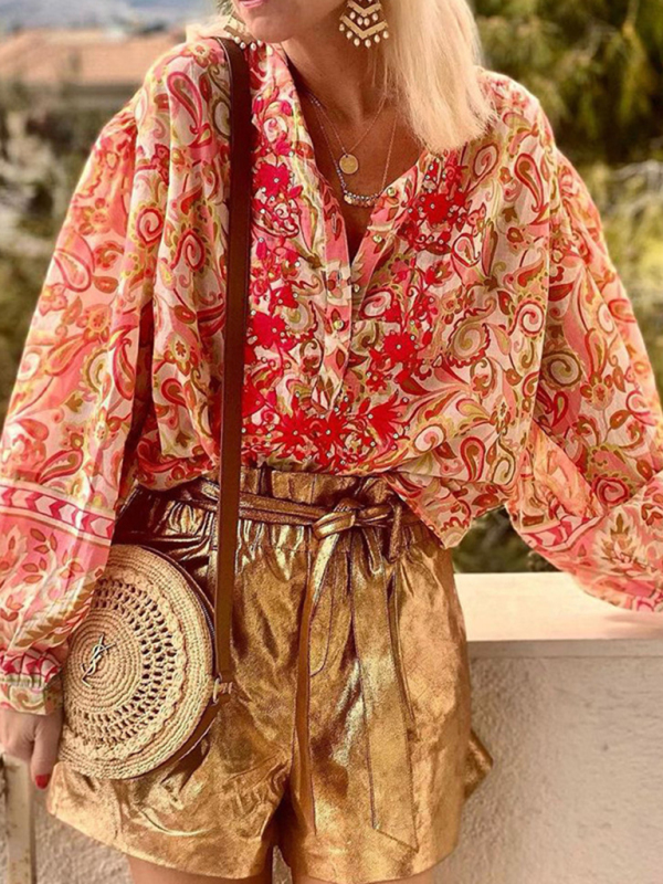 Ladies Print Fashion Casual Floral V Neck Button Down Long Sleeve Shirt-chiquechics