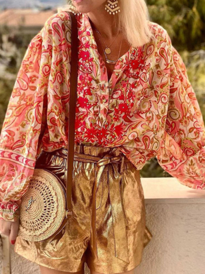 Ladies Print Fashion Casual Floral V Neck Button Down Long Sleeve Shirt-chiquechics