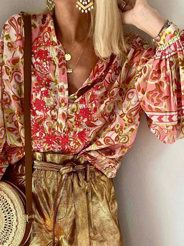 Ladies Print Fashion Casual Floral V Neck Button Down Long Sleeve Shirt-chiquechics