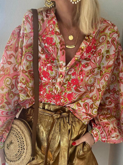 Ladies Print Fashion Casual Floral V Neck Button Down Long Sleeve Shirt-chiquechics