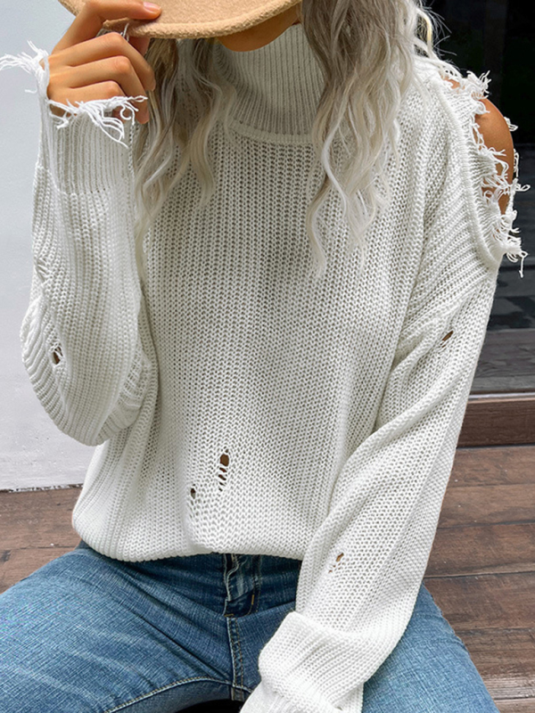 Shabby Long Sleeve Cutout White Turtleneck Sweater-chiquechics