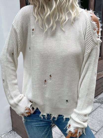 Shabby Long Sleeve Cutout White Turtleneck Sweater-chiquechics