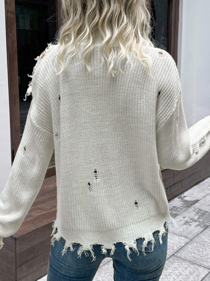 Shabby Long Sleeve Cutout White Turtleneck Sweater-chiquechics