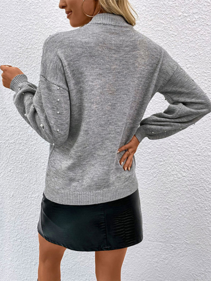 Long sleeve solid color beaded loose pullover sweater-chiquechics