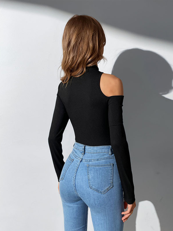 Round Neck Long Sleeve Off Shoulder One Shoulder Knit Bodysuit-chiquechics