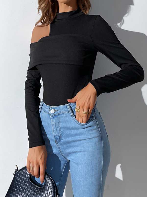 Round Neck Long Sleeve Off Shoulder One Shoulder Knit Bodysuit-chiquechics