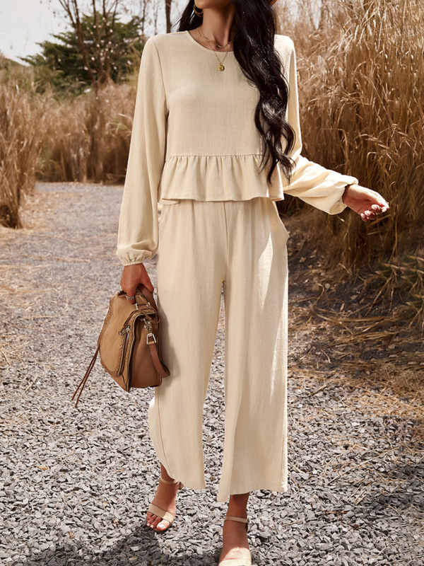 Temperament casual suit solid color long-sleeved top loose trousers-chiquechics