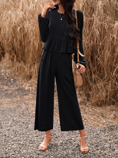 Temperament casual suit solid color long-sleeved top loose trousers-chiquechics