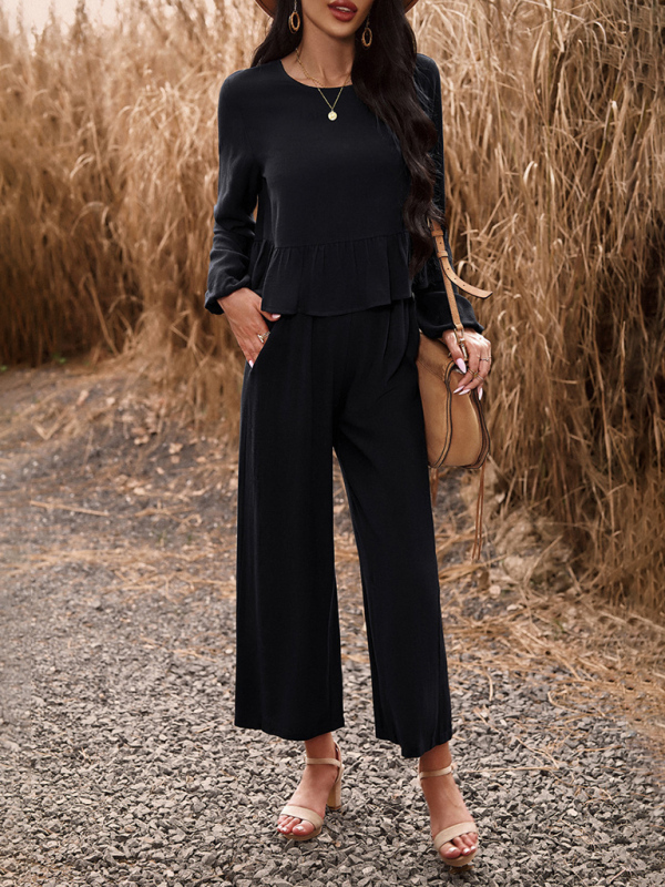 Temperament casual suit solid color long-sleeved top loose trousers-chiquechics