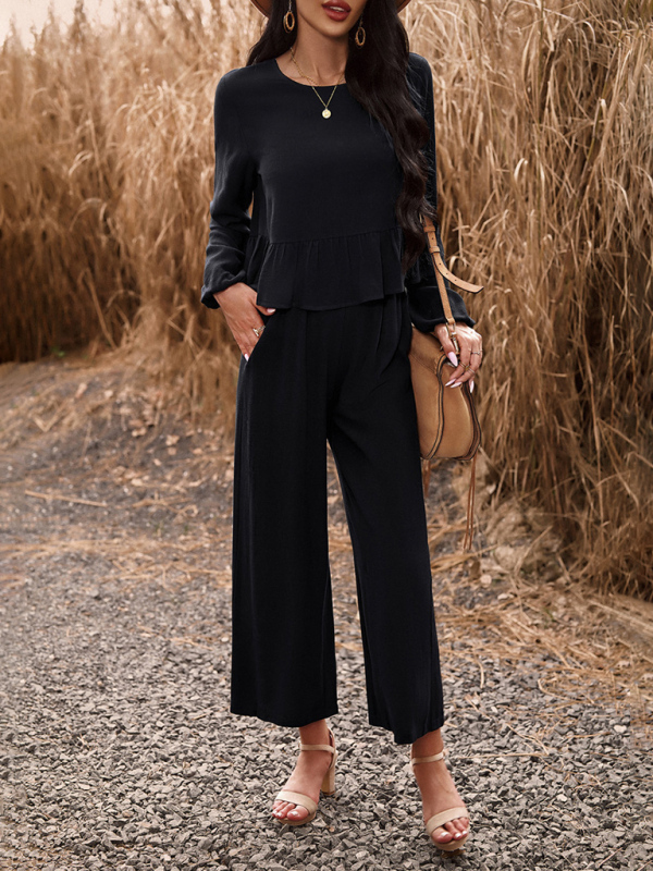 Temperament casual suit solid color long-sleeved top loose trousers-chiquechics