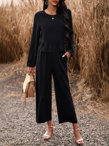 Temperament casual suit solid color long-sleeved top loose trousers-chiquechics