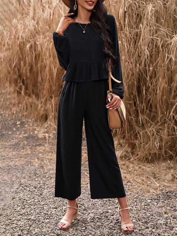 Temperament casual suit solid color long-sleeved top loose trousers-chiquechics