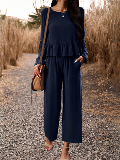 Temperament casual suit solid color long-sleeved top loose trousers-chiquechics